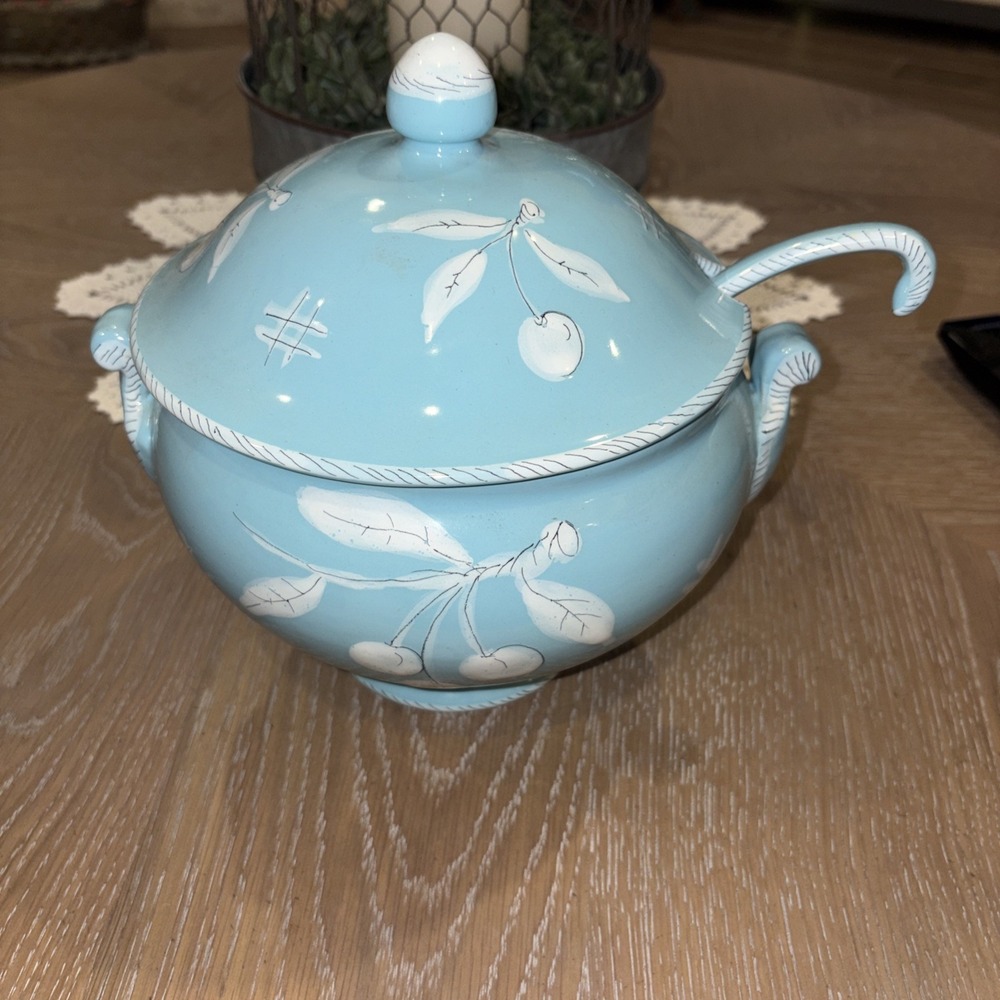 Vintage Italian Majolica Blue Tureen With Lid And Ladle